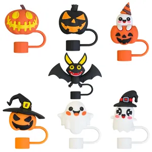 Halloween Silikon-Strohhalmabdeckungen Set mit Kürbis, Geist und Fledermaus für 10mm Becher