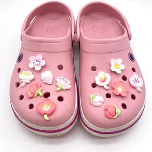 Pink cartoon garden clogs set with decorative PVC cherry blossom floral shoe charms