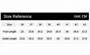 Size chart for women wedge sandals showing foot length in centimeters for sizes 36 to 43