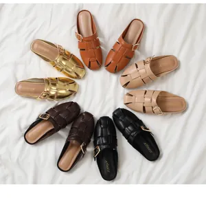 Top view of woven mule sandals in multiple colors with metallic buckle details