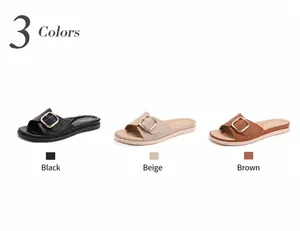 Französische flache Sandalen mit Metallschnallen in Schwarz, Apricot und Braun