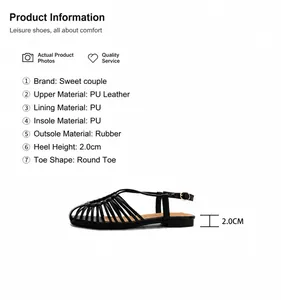 Detail showing soft PU leather woven upper and 2cm flat sole of black Roman sandal