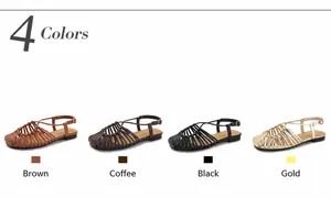 Flat woven sandals for women showing four colors: brown, coffee, black, and gold