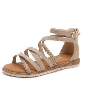 Damen Flache Römische Gladiatoren Sandalen Geflochtene Riemen Lässige Sommer Strand Schuhe Kunstleder Rückreißverschluss Weiche Sohle Schuhe