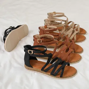 Minimalistische geflochtene flache Römersandalen für Damen mit Reißverschluss