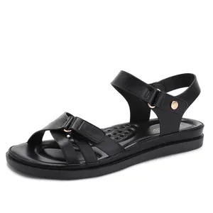 Damen Sandalen in Schwarz mit Klettverschluss und goldenen Metallring Verzierungen