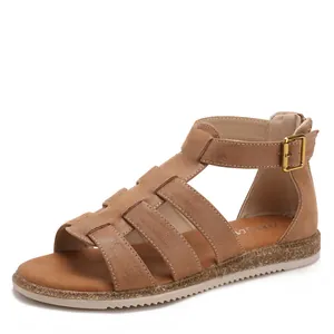 Flache braune Römersandalen für Damen mit Korksohle und verstellbarem Schnallenriemen