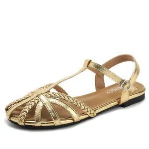 Geflochtene Retro-Sandalen für Damen in Gold-Metallic mit T-Riemen und Schnalle