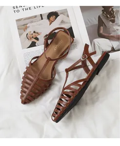 Flat lay of brown woven hollow sandals with a pointed toe and elegant buckle ankle strap
