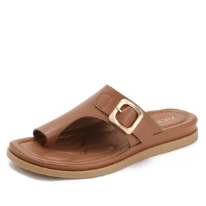 Women Fashion Minimalist Flat Toe Ring Slide Sandals With Gold Metal Buckle Casual Summer Beach Slippers Soft PU Leather TPR Sole