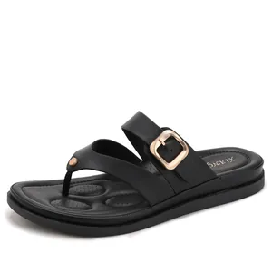 Sandalias de dedo negras con plataforma para mujer, hebilla dorada y soporte de arco