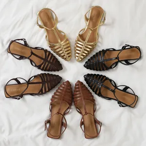 Women's woven hollow cage sandals with square toe and adjustable ankle strap