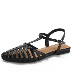 Women's black woven hollow-out flat Roman sandals with a trendy square toe design