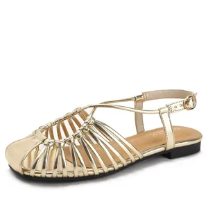 Women's Vintage Woven Hollow Out Flat Sandals PU Leather Summer Beach Roman Shoes One Strap Buckle Comfort Soft Sole Sandals