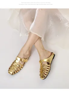 Close-up of golden woven pointed-toe flat mules featuring adjustable metal buckle detail