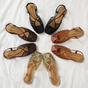 Women's woven strap flat beach sandals with ankle buckle in four retro colors