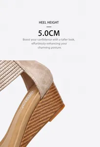 Detail view of the 5.0cm wedge heel showing the wood grain texture and height design
