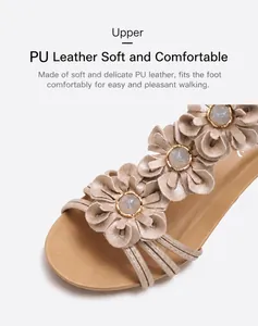 Detail of floral women sandals featuring soft PU leather and elegant 3D flower petals