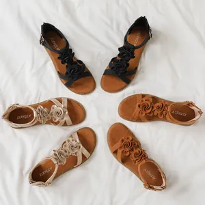 Flat bohemian gladiator sandals with 3D flower decoration and convenient back zipper
