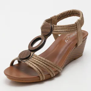 Women Wedge Sandals Bohemian Roman Style Synthetic PU Leather Beaded Decor Elastic Back Strap Summer Casual Platform Comfort Shoes