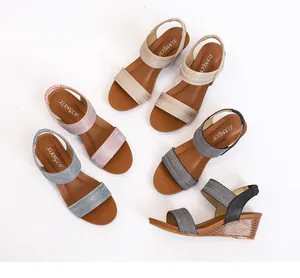 Glittery wedge sandals for women in six colors including pink, blue, and metallic tones