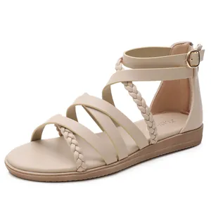 Women's Bohemian Gladiator Sandals Woven Straps Flat Summer Shoes Back Zipper Ankle Buckle Synthetic PU Leather Roman Style Fashion Sandals