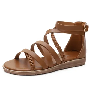 Bohemian tan strappy roman sandals for women featuring woven texture and zipper closure