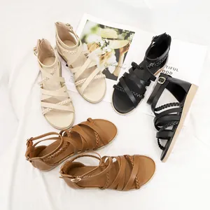 Women's bohemian gladiator sandals with woven straps and back zipper closure in three colors