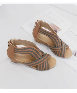 Dettaglio di sandali con zeppa, cinturini a righe e chiusura con zip sul tallone
