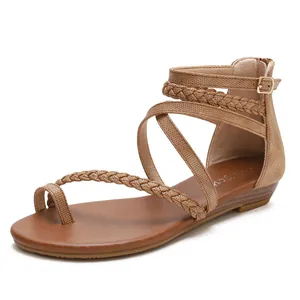 Sandales spartiates marron pour femmes avec brides tressées et fermeture éclair au talon