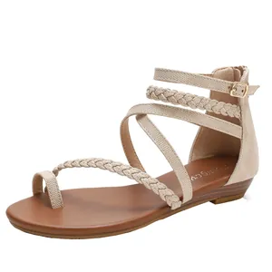 Sandales spartiates bohèmes beiges avec brides tressées et fermeture éclair