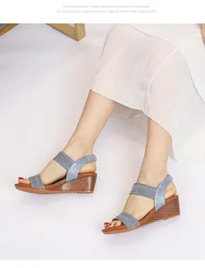Top view of woman wearing blue wedge sandals with elastic backstrap on white floor