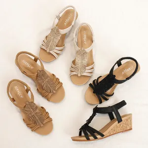 Women's wedge sandals with rhinestone leaf decoration in white, khaki, and black colors