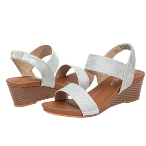 Detail view of silver platform sandals with textured straps and comfortable elastic heel