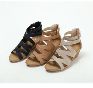 Wedge sandals with crisscross suede straps in black, camel and beige colors