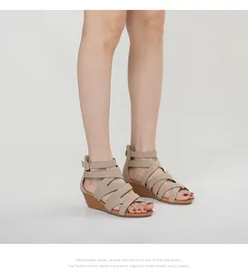 Detail view of khaki wedge sandals featuring crisscross straps and textured platform sole