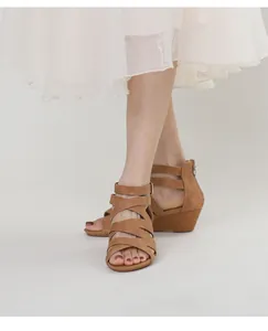 Detail of tan wedge sandals featuring crisscross straps and a textured wood-grain heel