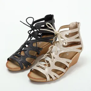 Vintage Damen Keilsandalen im Gladiator-Stil mit Ausschnitten und Fischmaul-Design