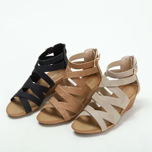Women's wedge sandals with cross-strap design in black, brown and beige colors