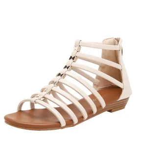 Women Roman Style Gladiator Flat Sandals With Golden Butterfly Buckles Back Zipper Comfortable PU Leather Summer Shoes