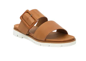 Détails de sandales compensées marron à double bride avec boucle carrée et semelle blanche