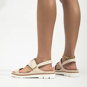 Sandalias de playa beige con plataforma y tiras de velcro con suela blanca antideslizante