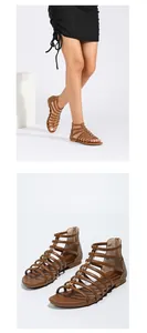 Detail view of brown gladiator flat sandals with multi-strap design and back zipper closure