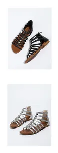 Detailed view of women's gladiator sandals with metallic butterfly studs and rear zipper