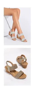 Vista detallada de las sandalias con cuña, tiras de strass y correas elásticas