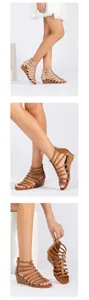 Detail view of gladiator wedge sandals with metallic rivets and rear zipper closure
