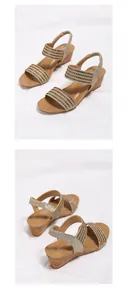 Detalle de tiras de diamantes y cuña con textura de madera en sandalias doradas
