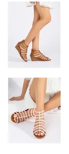 Detail of bohemian wedge sandals with multi-strap design and metallic rivets on the foot