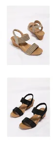 Detalle de sandalias con cuña y diamantes de imitación en oro champán y negro con tira elástica