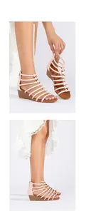 Close-up of pink wedge sandals featuring gold metal studs and convenient rear heel zipper